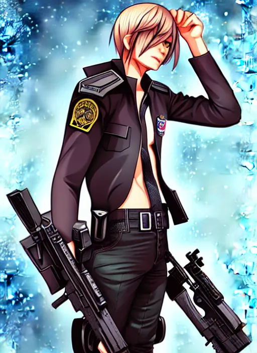 Image similar to Leon S kennedy as a Officer Bunny Character design, He has anime hair by charlie bowater, ross tran, artgerm, and makoto shinkai, detailed, inked, western comic book art