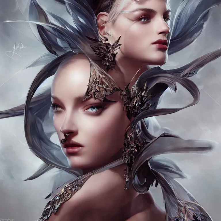 Prompt: beautiful cinematic fantasy poster, character concept of a beautiful fashion model wearing haute couture in dynamic pose, wideshot ultrawide angle epic scale, hybrid, by artgerm; wayne reynolds art station; cinematic quality character render; low angle; ultra high quality model; production quality cinema model;