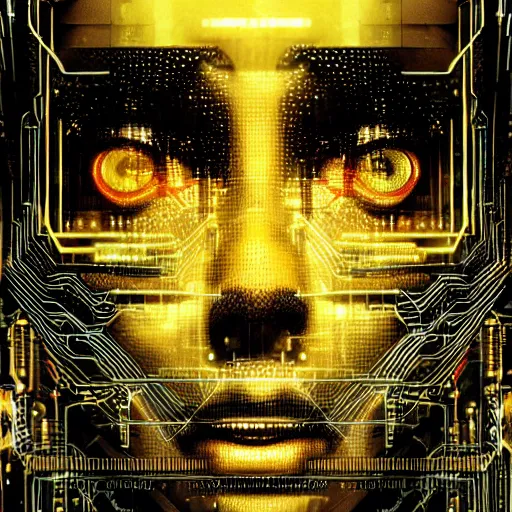 Image similar to a face covered in computer circuits, scifi, bladerunner, cyberpunk, heavy ink, yellow, very detailed eyes, 8 k resolution, by wlop, greg rutkowski