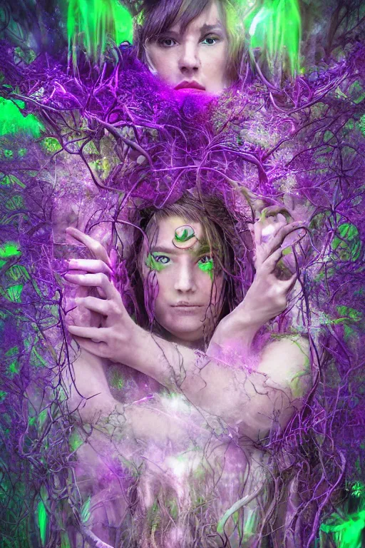 Image similar to female shaman of the purple forest, neon cloak, mycelium, fungi, vines, symmetrical features, illusion, magical realism, ultradetailed, volumetric lighting, 4k UHD, film poster.