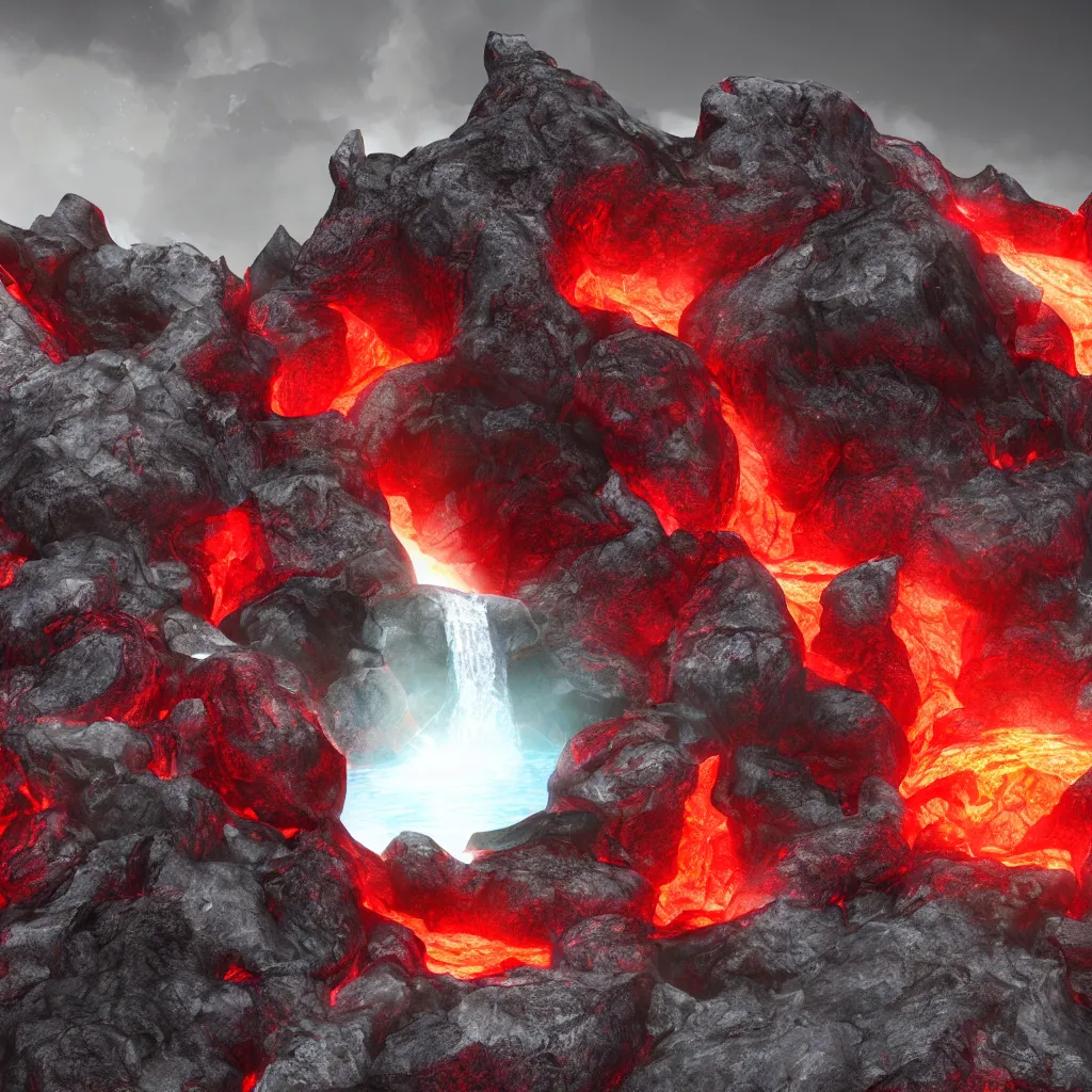 Prompt: satanic mountain goats with glowing red eyes on a sheer obsidian cliffside with lavaflow, lava waterfalls, photorealistic landscape render, octane render, vray, pools of lava, beautiful, ambient occlusion, particle effects, breaking ocean waves, light bloom, rtx