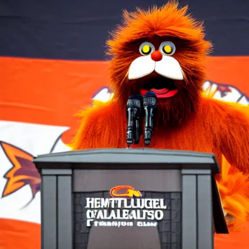 Prompt: the mascot gritty giving a speech at the Wells Fargo center, realistic