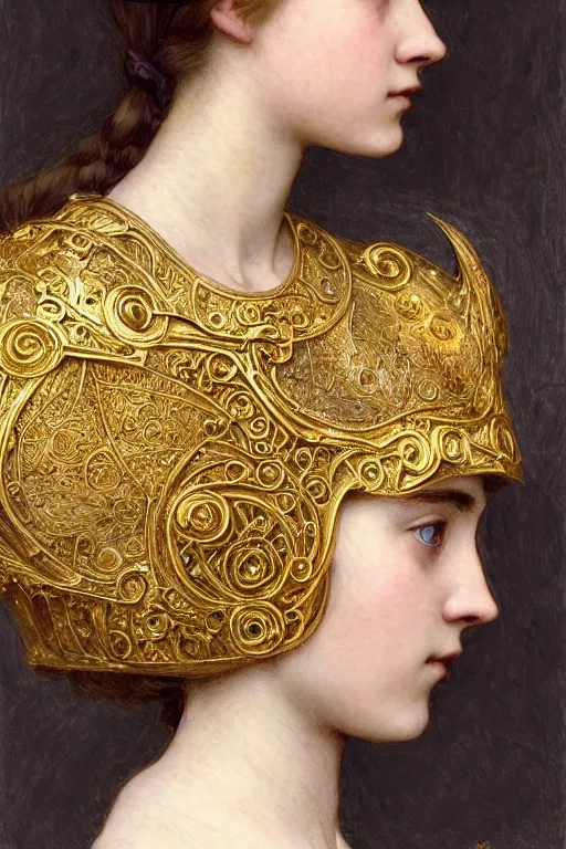 Image similar to a head and torso art nouveau portrait of a 16-year old girl who resembles Saoirse Ronan and Anya Taylor Joy with a worried, intense gaze, ornate intricate golden battle armor, intricate, elegant, highly detailed, digital painting, artstation, concept art, smooth, sharp focus, illustration, art by John William Waterhouse and Bouguereau and Donato Giancola and alphonse mucha