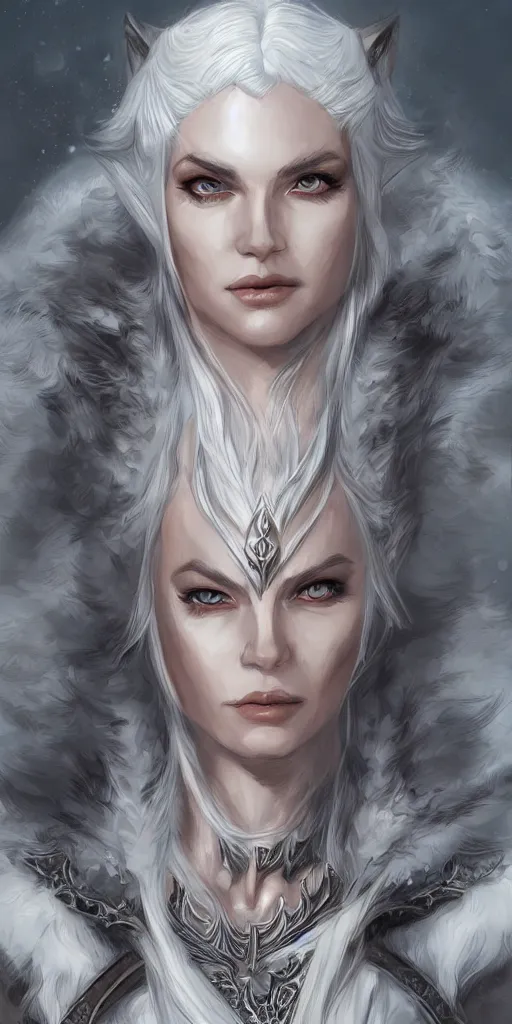 Prompt: white haired elven woman, portrait, centered, muscular, wearing a wolf pelt, dnd, intricate, highly detailed, sharp, digital painting, artstation, cell shading