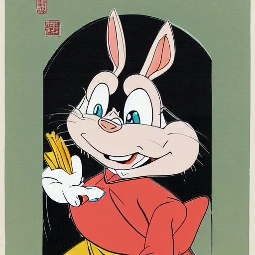 Prompt: bugs bunny, daffy, porky pig, ukiyo - e style,