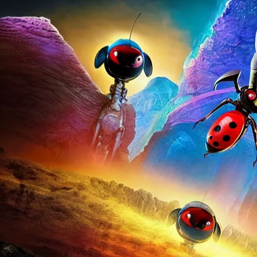 Image similar to promotional movie still, ladybug futuristic ( ( descendants ) ), ladybug quadruped with big rgb eyes, huge ladybug mothership, space western, dramatic lighting, the fellowship of the ring ( film ), ( ( ( wall - e ( film ) ) ) )