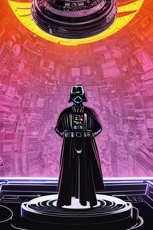 Image similar to closeup potrait of darth vader dj standing on a giant science fiction neon turntable at a astronaut rave, anti gravity, digital art, winning award masterpiece, fantastically beautiful, intricate, illustration, dan mumford, geof darrow, moebius, 8 k, octane, symmetrical