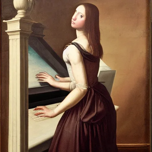 Image similar to Renaissance oil painting, full room view, skinny female artist back view, dark hair, pale grey babydoll dress, sleeveless, ruffle shoulders, typing on a computer keyboard facing a giant wall size computer screen