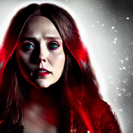 Prompt: Elizabeth Olsen as the Scarlet Witch in emo attire and dark eyeliner, trending on artstation, gloomy atmosphere, photorealistic facial features, 4k, 8k