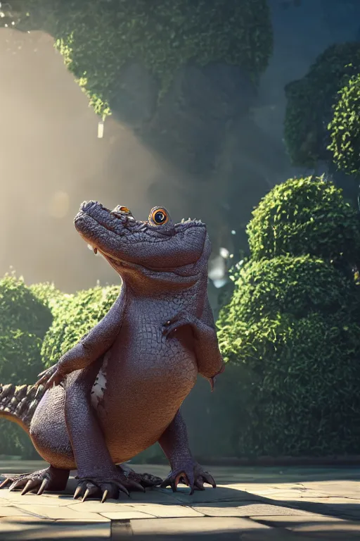 Image similar to a crocodile wearing a formal overcoat, Pixar style, 3D render, octane render, unreal engine 5, path tracing, cute, Disney style, 4K, natural lighting, high quality, highly detailed, low poly,