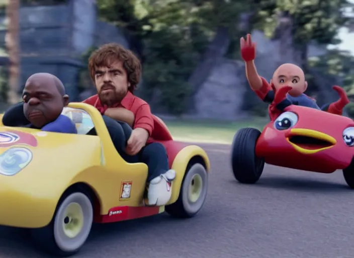 Image similar to peter dinklage racing gary coleman driving a little tikes cars, movie still, from the new fast and furious movie, 8 k, realistic