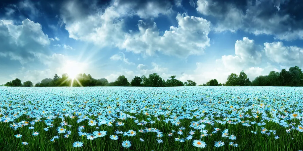 Image similar to field of light - blue daisies, white sky in background, matte painting