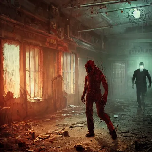 Image similar to fallout 5, shopkeeper angry bloody horror zombie, portrait, indoors dilapidated store interior, atmospheric lighting, painted, intricate, volumetric lighting, beautiful, daytime, overcast weather, sharp focus, deep colours, ultra detailed, by leesha hannigan, ross tran, thierry doizon, kai carpenter, ignacio fernandez rios