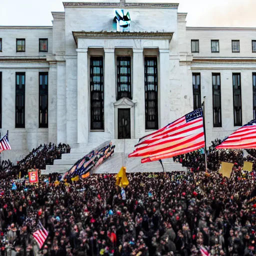 Prompt: 4 k hdr sony a 7 wide angle photo of soldiers waving hundreds of bitcoin flags at a protest of thousands of people surrounding federal reserve building with us dollars burning in a pile and flying everywhere