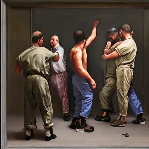 Image similar to hyperrealism painting of prisoners scheming to escape prison while guards are distracted by a fight