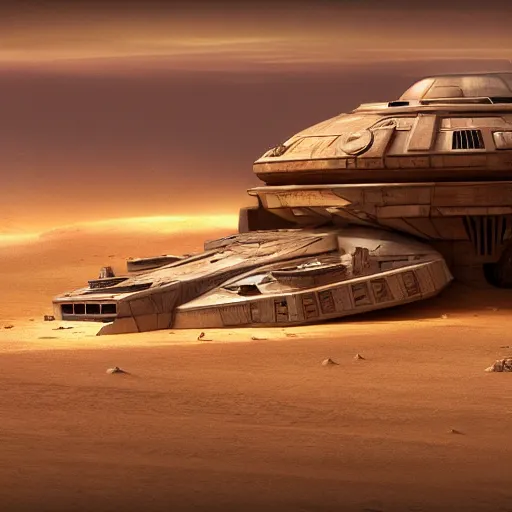 Image similar to The spaceship Millenium Falcon half-buried in sand on Tatooine, cinematic lighting, concept art, trending on artstation