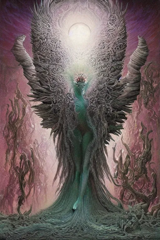 Prompt: cosmic horror eldritch lovecraftian the emerald queen of feathers by wayne barlowe, agostino arrivabene, denis forkas