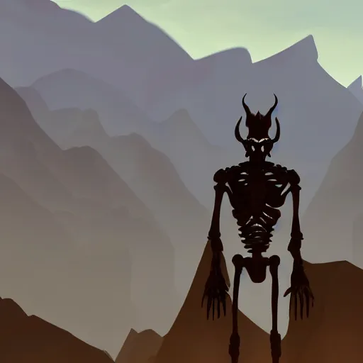 Prompt: place that is like nowhere but has mountains in the background with a doom infernal aesthetic, but also clean, with black tones, similar to a dream, with a lord of demons judging some lost souls with his skeleton pointing finger