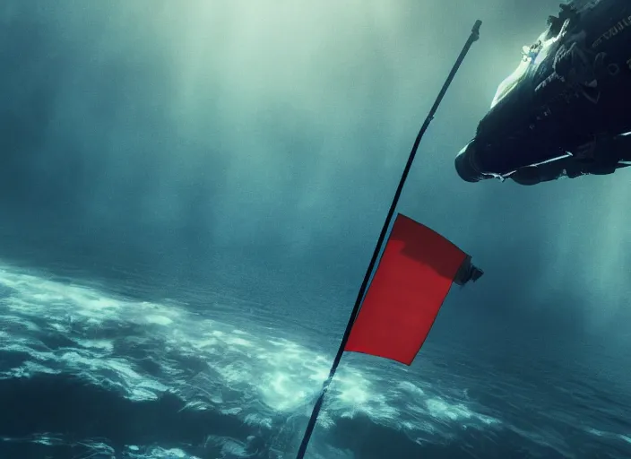 Image similar to dramatic photo of an astronaut underwater putting a flag on the bottom of the ocean. in the background, a submarine is visible. dark, concept art, cinematic, dramatic, blender, photorealistic, octane render, 8 k, volumetric lighting, dim lighting, trending on artstation