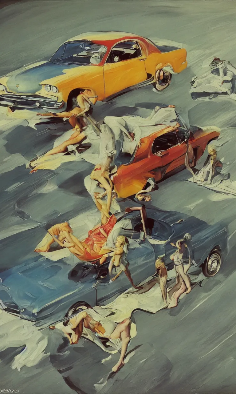 Image similar to 1950s blonde driving Ford mustang on the Swedish countryside. oil on canvas. in the style of Francis Bacon and Zdzislaw Beksinski, Edward Hopper and Norman Rockwell, highly detailed, very coherent, triadic color scheme, airbrush, very coherent, triadic color scheme, art by Takato Yamamoto and James Jean