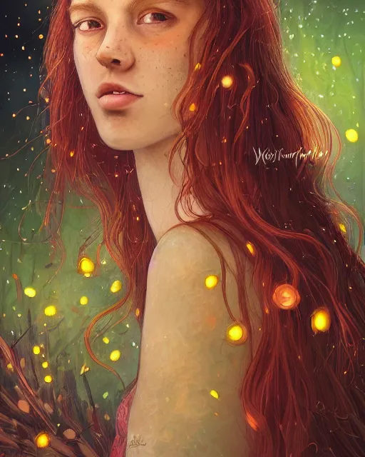 Prompt: a young woman, admiring the lights of golden fireflies, sitting in the midst of nature fully covered with a wonderful dress, long loose red hair, intricate details, green eyes, small nose with freckles, oval shape face, soft happy smile, realistic, expressive emotions, hyper realistic art by marco grassi