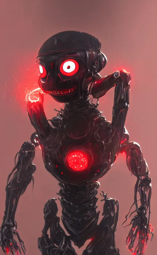 Image similar to a robot humanoid spider with 4 arms with claws, glowing red eyes, in a black carbon and red fiber armor, smiling creepily, dynamic lighting, photorealistic fantasy concept art, trending on art station, stunning visuals, creative, cinematic, ultra detailed