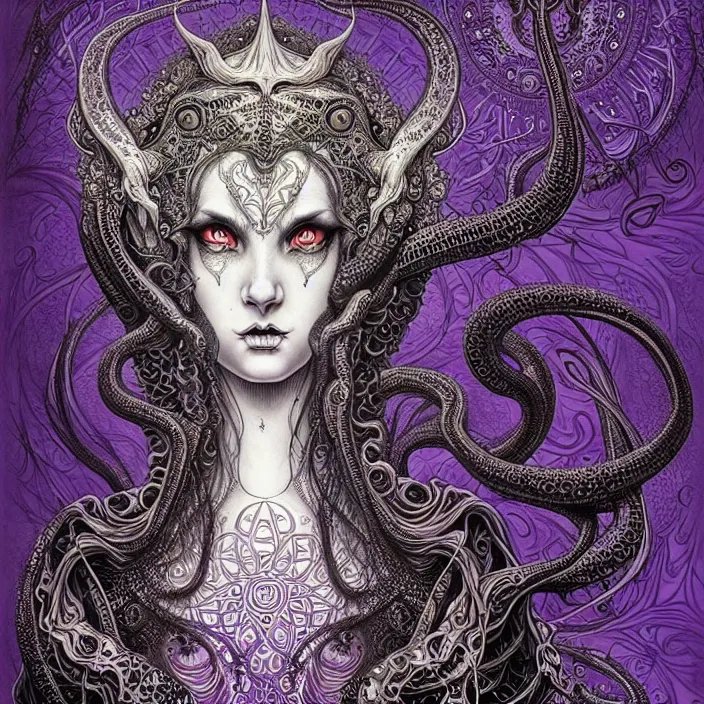 Image similar to depicting a highly detailed beautiful lovecraftian female priestess, in the style of joe fenton, dynamic energetic pose, exuberant organic elegant forms, perfect face, pale skin, by dan hillier : : 1. 4 purple, red, blue, green, black intricate mandala explosions : : intuit art : : turbulent water backdrop : : damask wallpaper : : atmospheric