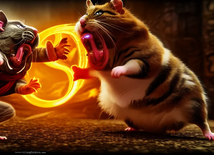 Image similar to hamster fights a cat in mortal kombat on the background of a laughing shao khan. fantasy magic style. highly detailed 8 k. intricate. lifelike. soft light. sony a 7 r iv 5 5 mm. unreal engine with nanite and path tracing