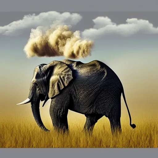 Image similar to an elephant turning into dust in the air, photorealistic