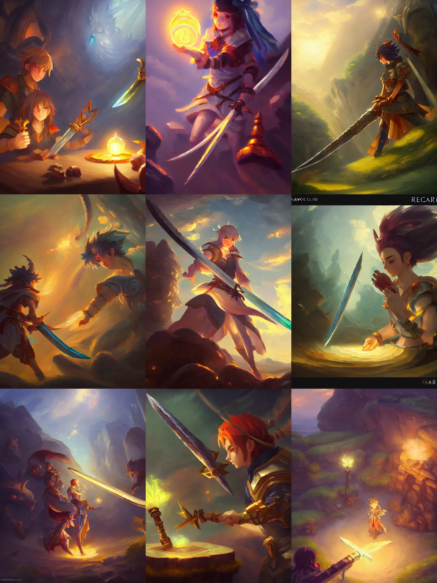 Prompt: classical oil painting of digital cardgame assets, a glowing enchanted sword, legendary game item, fantasy, trending on artstation, stylistic, brush strokes, oil, canvas, by kawacy and makoto shinkai