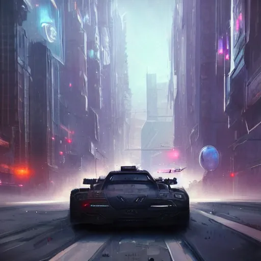 Prompt: A cyberpunk car flying trough the city, Magic the Gathering art, art by greg rutkowski, matte painting, trending on artstation, very detailed