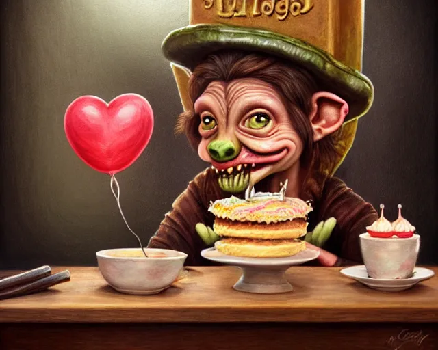 Image similar to closeup profile portrait of a medieval goblin eating cakes in a 1 9 5 0 s diner, nicoletta ceccoli, mark ryden, lostfish, max fleischer, hyper realistic, artstation, illustration, digital paint, matte paint, vivid colors, bright, cheerful, detailed and intricate environment