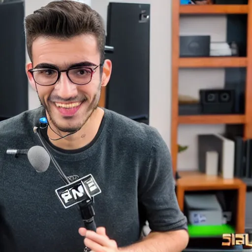 Prompt: handsome Portuguese male twitch streamer looking confused at his expensive microphone which isn't working, high quality photo, 4k
