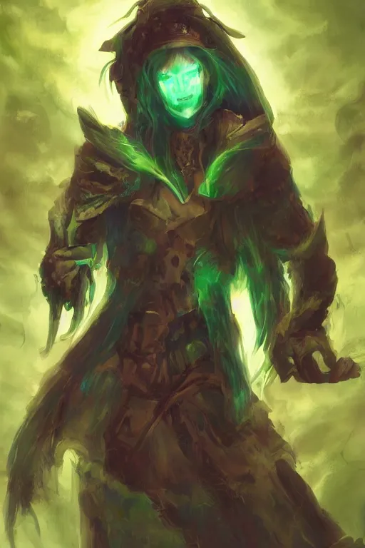 Image similar to necromancer smiling. green lighting. fantasy, digital painting, hd, detailed.