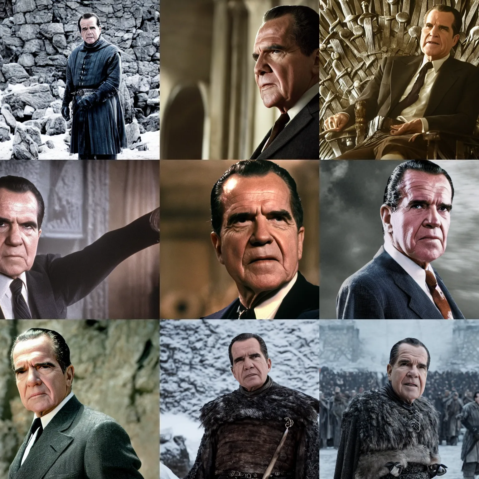 Prompt: film still of richard nixon in game of thrones, photo, high resolution