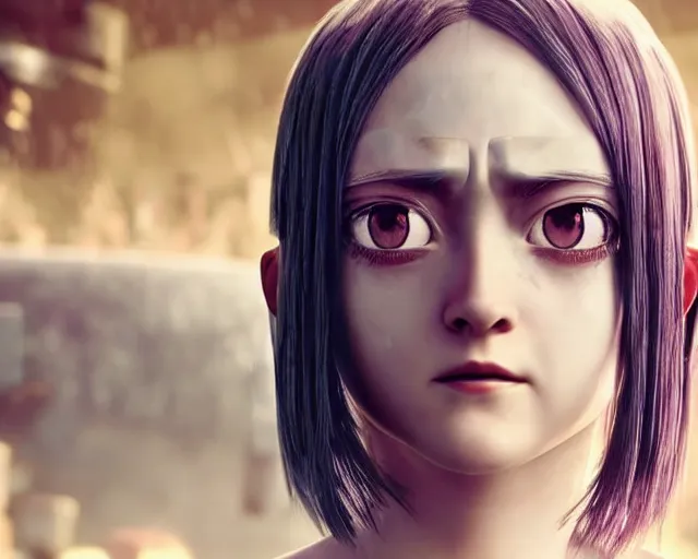 Image similar to film still of dakota fanning as battle angel alita, beautiful portrait, watery doe eyes, mouth agape, photorealistic, lifelike, human actress, octane engine, cinematic lighting, high detail, high resolution