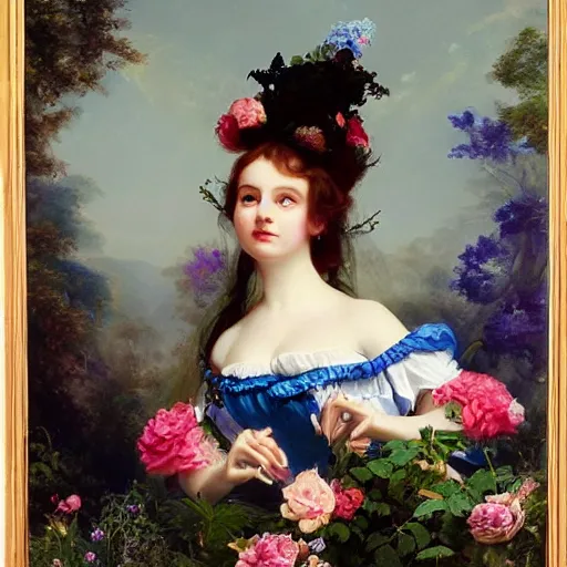 Prompt: Alice in Wonderland,a portrait of a beautiful blue hair girl,Diamonds Blaze,Rose twining,luxuriant,dreamy, eternity, romantic,highly detailed,in the style of Franz Xaver Winterhalter, highly detailed,in the style of Aetherpunk