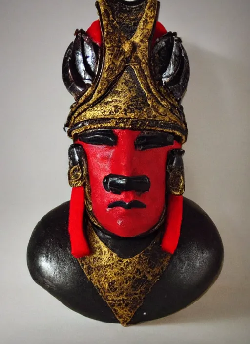 Image similar to sponge sculpture of an ancient warrior, red and black and gold theme