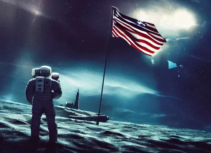 Image similar to astronaut holding a flag in an underwater desert. a submarine is visible in the distance. dark, concept art, cinematic, dramatic, atmospheric, 8 k, trending on artstation, blue, fish, low visibility, fog, ocean floor, christopher nolan, interstellar