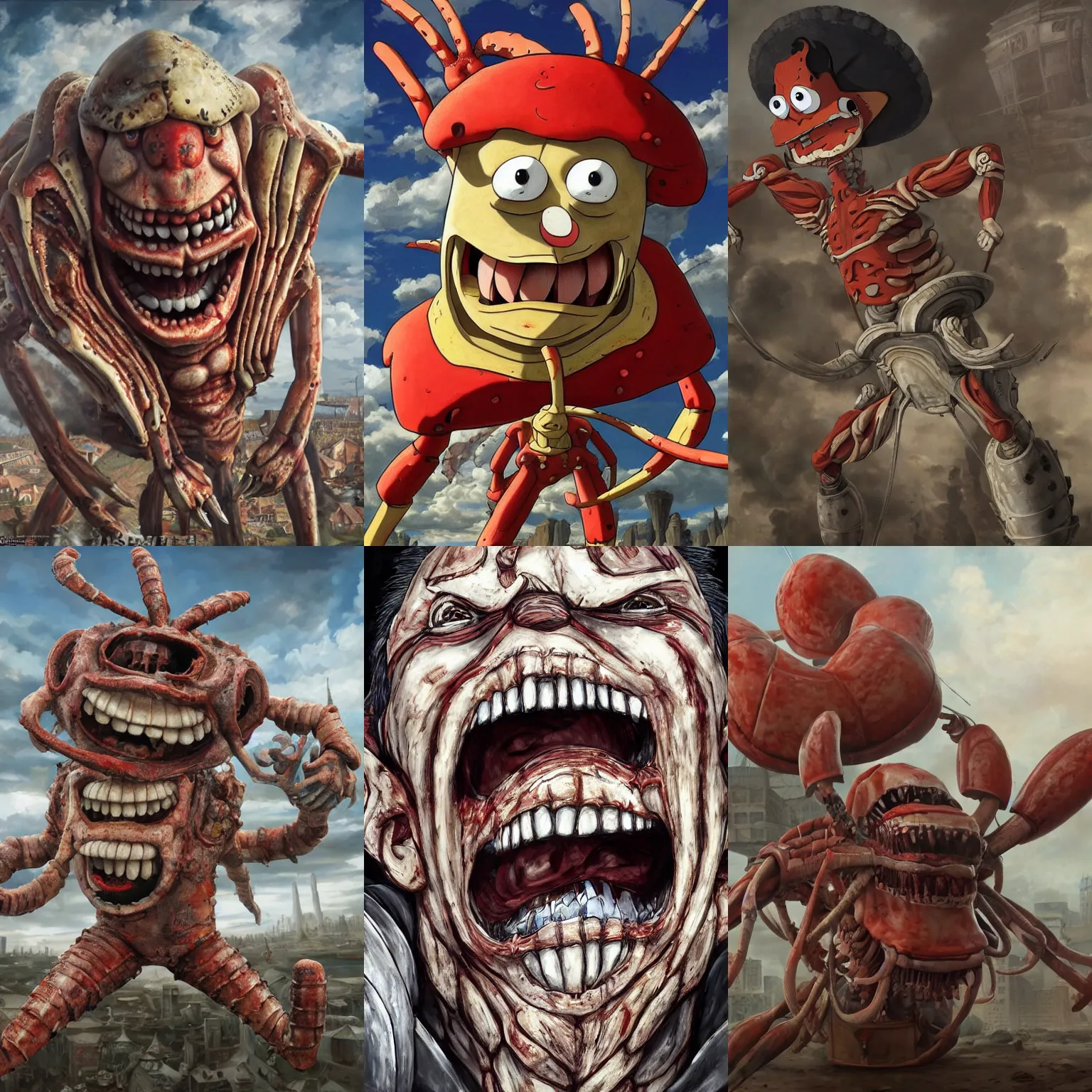 Prompt: Mr Krabs from Spongebob as a Titan from Attack on Titan, oil on canvas, intricate, portrait, 8k highly professionally detailed, HDR, CGsociety, Realistic