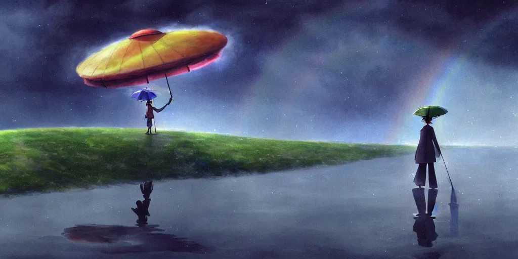 Image similar to a realistic and atmospheric cell - shaded concept art from howl's moving castle ( 2 0 0 4 ) of a rainbow colored ufo in the air. a man with an umbrella is standing in a flooded parking lot. it is a misty starry night. very dull muted colors, hd, 4 k, hq