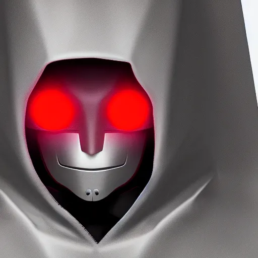 Image similar to A robotic character with red eyes, a dark hood and cloak, ominous, 8k, render