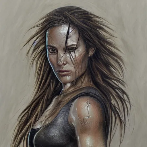 Image similar to Lara Croft detailed headshot Portrait, painting drawn by HR Giger