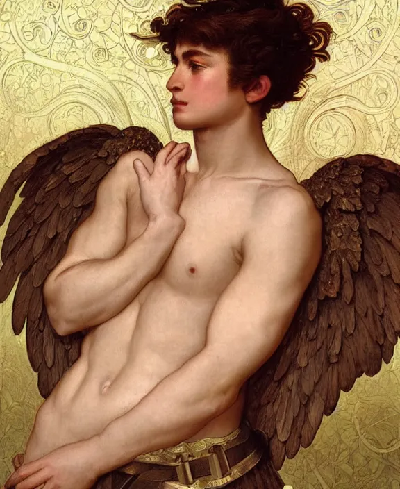 Image similar to a detailed hyperrealistic renaissance male angel wearing an intricate leather garters set, honey birdette, realistic renaissance portrait, highly detailed, digital painting, artstation, concept art, smooth, sharp focus, cinematic lighting, art by artgerm and wlop and alphonse mucha and jacques louis david and john william godward