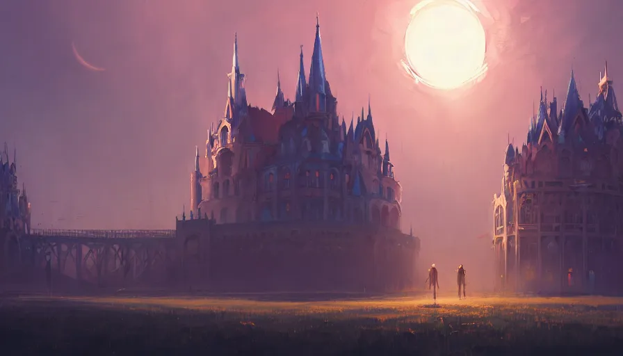 Image similar to ismail inceoglu and jama jurabaev's concept art, cel shadows, film shooting, trends on artstation, high quality, brush strokes, bright colors, incomparably magnificent golden gothic castle palace complex, a huge golden eclipse halo. ghibli, ring of mecha, extremely beautiful, magnificent perspective lens