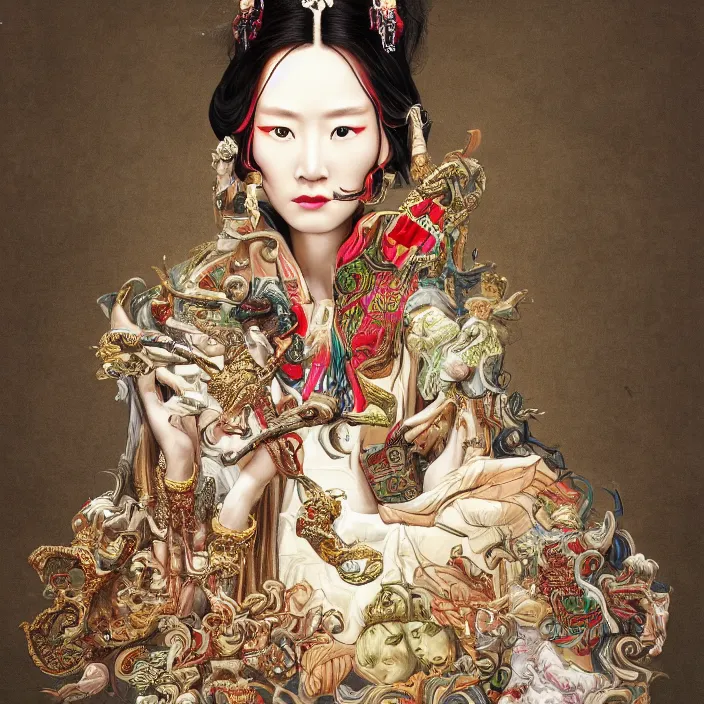 Prompt: chinese gucci goddess nerd, future fashion, stylish deity, model, volumetric, concept art, gucci, digital painting, beautiful, ornate, hd, by annie leibovitz, by giger