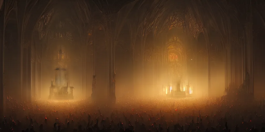 Prompt: breathtaking detailed concept art painting of a dark ritual church in hell, by hsiao - ron cheng, bizarre compositions, exquisite detail, extremely moody lighting, 8 k