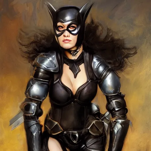 Prompt: close up of bat girl in full leather armor, cinematographic shot, by daniel f. gerhartz