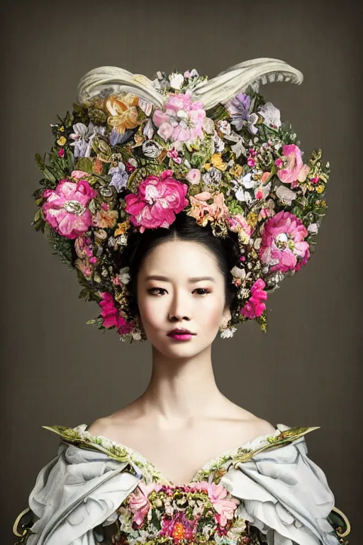 Image similar to a beautiful empress portrait, with a brilliant, impossible striking big flower headpiece, clothes entirely made out of flowers, garden backdrop, symmetrical, dramatic studio lighting, rococo, baroque, jewels, asian, hyperrealism, closeup, D&D, fantasy, intricate, elegant, highly detailed, digital painting, artstation, octane render, 8k, concept art, matte, sharp focus, illustration, art by Artgerm and Greg Rutkowski and Alphonse Mucha