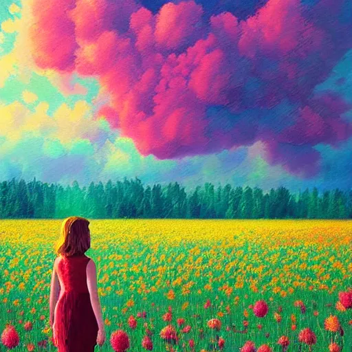 Image similar to large flower face, girl standing in a flower field, surreal photography, sunrise dramatic light, impressionist painting, colorful clouds, digital painting, pointillism, artstation, simon stalenhag